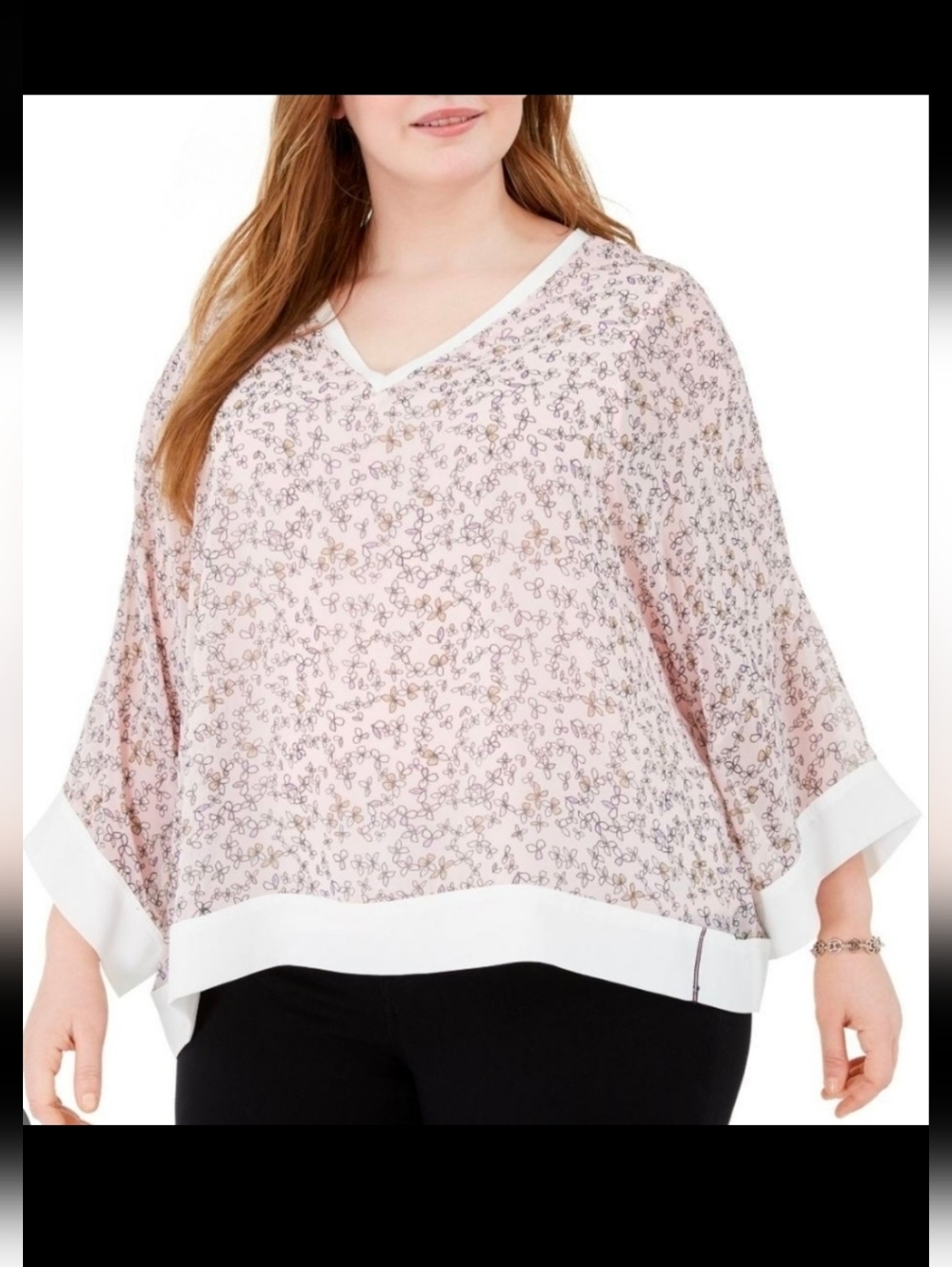 Tommy Hilfiger Pink Floral V-Neck Dolman Top with White Trim